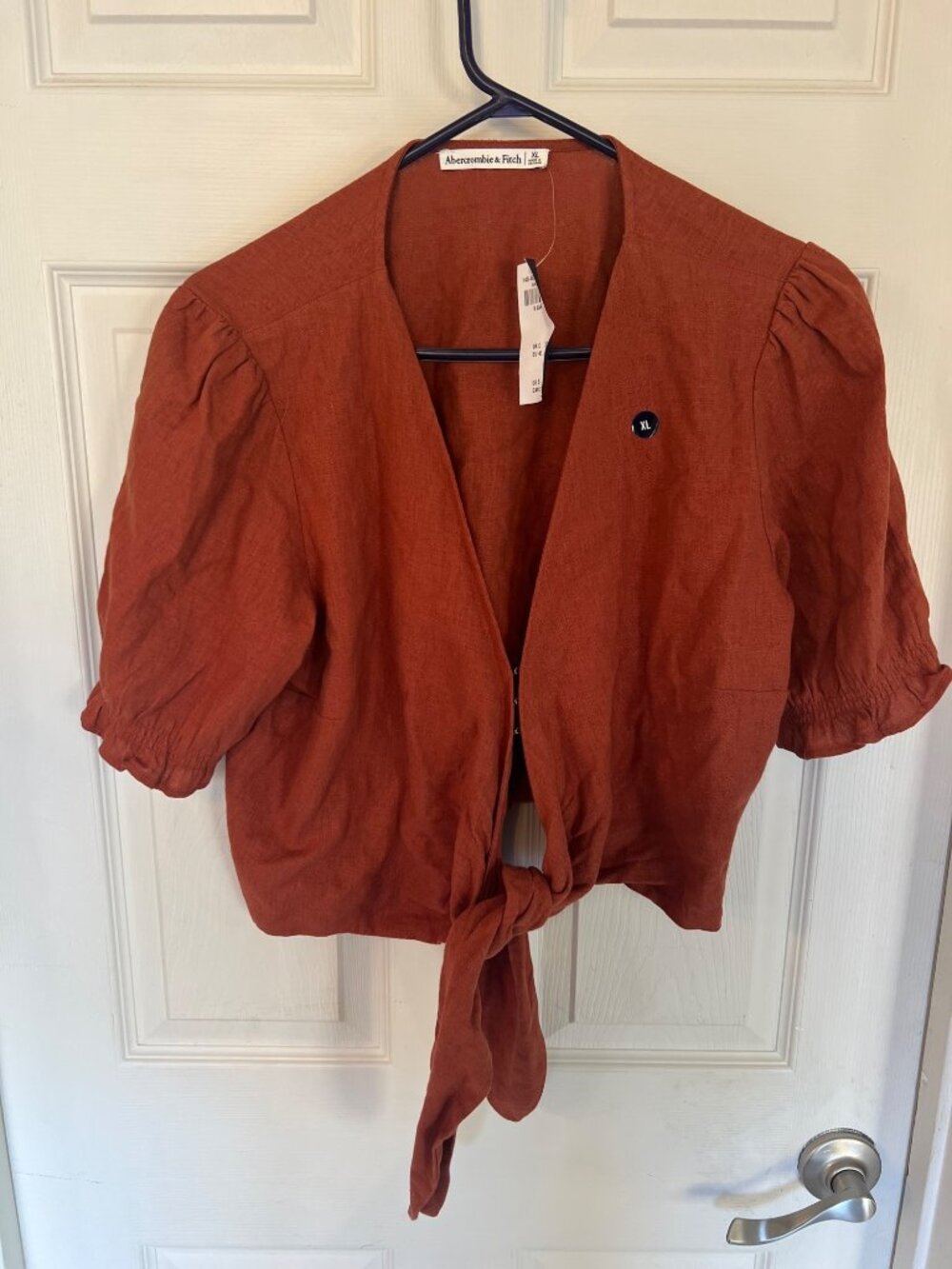 Abercrombie & Fitch Womens Rust Linen-Blend Puff Sleeve Tie-Front Top XL